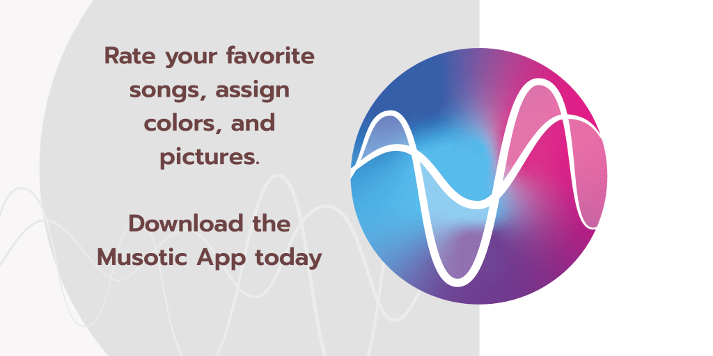 An advertisement for the Musotic App featuring a colorful wave design and text encouraging users to rate their favorite songs and download the app.